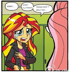 Size: 472x488 | Tagged: safe, edit, idw, imported from derpibooru, fluttershy, sunset shimmer, equestria girls, spoiler:comic, spoiler:comicholiday2014, crying