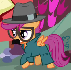 Size: 272x266 | Tagged: safe, imported from derpibooru, scootaloo, twilight time, clothes, disguise, female, outfit catalog, solo, trenchcoat