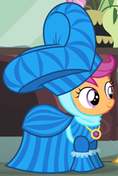 Size: 373x556 | Tagged: safe, imported from derpibooru, screencap, scootaloo, pegasus, pony, for whom the sweetie belle toils, clothes, cute, cutealoo, dress, female, filly, foal, hat, jewelry, necklace, outfit catalog, smiling, solo