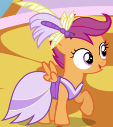 Size: 652x730 | Tagged: safe, imported from derpibooru, scootaloo, pegasus, pony, make new friends but keep discord, clothes, cute, cutealoo, dress, female, filly, foal, gala dress, hair accessory, open mouth, open smile, outfit catalog, raised hoof, smiling, solo, spread wings, wings