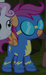 Size: 241x392 | Tagged: safe, imported from derpibooru, screencap, apple bloom, scootaloo, sweetie belle, earth pony, pegasus, pony, unicorn, scare master, aviator goggles, clothes, cute, cutealoo, cutie mark crusaders, female, filly, foal, goggles, outfit catalog, spread wings, wings, wonderbolts uniform