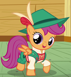 Size: 840x920 | Tagged: safe, imported from derpibooru, screencap, scootaloo, pegasus, pony, on your marks, clothes, cute, cutealoo, female, filly, lederhosen, mountain climbing, open mouth, outfit catalog, raised hoof, smiling, solo, spread wings, wings, yodeloo