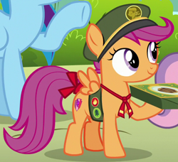 Size: 620x566 | Tagged: safe, imported from derpibooru, screencap, rainbow dash, scootaloo, sweetie belle, pegasus, pony, 28 pranks later, cute, cutealoo, cutie mark, female, filly guides, hat, hoof hold, mare, outfit catalog, smiling, solo focus, spread wings, the cmc's cutie marks, wings