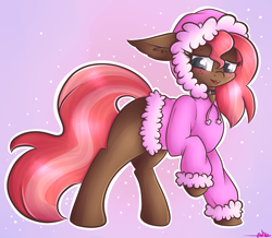 Size: 2382x2081 | Tagged: safe, artist:ashee, imported from derpibooru, oc, oc only, oc:scarlet trace (coffee bean), earth pony, pony, blushing, clothes, collar, female, freckles, hoodie, mare, raised hoof, solo