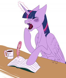 Size: 1289x1529 | Tagged: safe, artist:twigpony, imported from derpibooru, twilight sparkle, alicorn, pony, bags under eyes, book, coffee, cup, eyes closed, female, open mouth, quill, reading, sleepy, solo, twilight sparkle (alicorn), writing, yawn