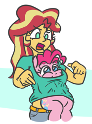 Size: 575x771 | Tagged: safe, artist:jargon scott, imported from derpibooru, pinkie pie, sunset shimmer, equestria girls, blue background, breasts, clothes, empty eyes, female, lesbian, looking down, no catchlights, no pupils, pinkie loves bacon bits, shipping, shirt, simple background, sunsetpie, white background