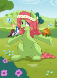 Size: 1440x1980 | Tagged: safe, artist:itstaylor-made, artist:kooner-cz, imported from derpibooru, fluttershy, orange frog, tree hugger, bird, blue jay, butterfly, earth pony, pony, make new friends but keep discord, dreadlocks, female, floral head wreath, hippie horse noises, mare, neigh, open mouth, sitting, solo, underhoof, wavy mouth