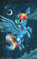 Size: 699x1119 | Tagged: safe, artist:twixyamber, imported from derpibooru, rainbow dash, female, moon, night, solo, spread wings, traditional art