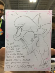 Size: 768x1024 | Tagged: safe, artist:andypriceart, imported from derpibooru, apple bloom, andy you magnificent bastard, derp, family friendly foul mouth, insult, politics, traditional art