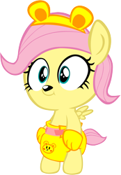 Size: 1696x2435 | Tagged: safe, artist:megarainbowdash2000, imported from derpibooru, fluttershy, bear, pony, animal costume, baby, baby pony, babyshy, clothes, cute, diaper, female, shyabetes, simple background, solo, transparent background, younger