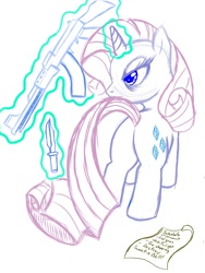 Size: 1050x1400 | Tagged: safe, artist:envythisroadrunner, imported from derpibooru, rarity, ak-47, assault rifle, butt, female, gun, knife, magic, note, plot, rifle, simple background, solo, telekinesis, to-do list, weapon, white background