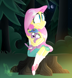 Size: 2140x2300 | Tagged: safe, artist:siggie740, imported from derpibooru, fluttershy, spike, spike the regular dog, dog, equestria girls, legend of everfree, cheek squish, clothes, hat, hug, moon, scared, shorts, sitting, squished, squishy cheeks, stars, tree, tree stump