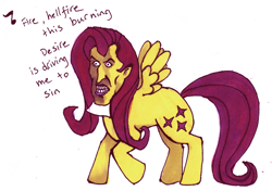 Size: 2097x1479 | Tagged: safe, artist:gobbledigooke, imported from derpibooru, fluttershy, friendship is witchcraft, cult leader fluttershy, female, frollo, frolloshy, hellfire, hunchback of notre dame, solo, the hunchback of notre dame, wat