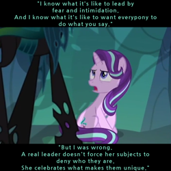 Size: 704x704 | Tagged: safe, edit, edited screencap, imported from derpibooru, screencap, queen chrysalis, starlight glimmer, changeling, changeling queen, to where and back again, caption, changeling hive, cropped, female, leadership, looking up, shadow, sitting, spread wings, talking, text, wisdom