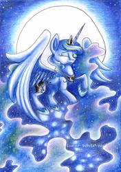 Size: 2428x3456 | Tagged: safe, artist:lunar-white-wolf, imported from derpibooru, princess luna, eyes closed, female, flying, full moon, moon, solo, traditional art