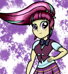 Size: 1024x1130 | Tagged: safe, artist:alligatorgummy, imported from derpibooru, sour sweet, equestria girls, friendship games, rainbow rocks, clothes, credits, female, freckles, pleated skirt, ponytail, request, school uniform, shine like rainbows, skirt, smiling, solo