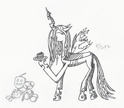 Size: 1727x1502 | Tagged: safe, artist:arctic-lux, imported from derpibooru, queen chrysalis, cake, crossover, food, gir, invader zim, monochrome, pintsize, questionable content, traditional art