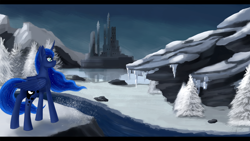 Size: 1920x1080 | Tagged: safe, artist:dezdark, imported from derpibooru, princess luna, castle, female, river, scenery, smiling, snow, solo, tree