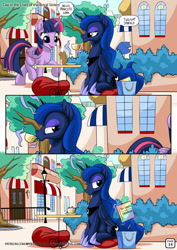 Size: 955x1351 | Tagged: safe, artist:mysticalpha, imported from derpibooru, princess luna, twilight sparkle, alicorn, pony, comic:day in the lives of the royal sisters, bag, book, cafe, comic, crown, dialogue, female, fifty shades of grey, horseshoes, implied fanfiction, implied rainbow dash, jewelry, levitation, magic, mare, peytral, pillow, regalia, sitting, speech bubble, table, teacup, telekinesis, twilight sparkle (alicorn)