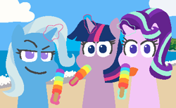 Size: 396x244 | Tagged: safe, artist:threetwotwo32232, imported from derpibooru, starlight glimmer, trixie, twilight sparkle, alicorn, pony, beach, food, icy pole, popsicle, twilight sparkle (alicorn)