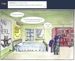 Size: 1043x847 | Tagged: safe, artist:dreamingnoctis, imported from derpibooru, twilight sparkle, ask asylum twilight, bed, book, bookshelf, hang in there, hanging, poster