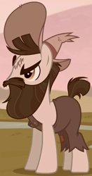 Size: 424x810 | Tagged: safe, imported from derpibooru, screencap, piles mccolt, earth pony, pony, the hooffields and mccolts, angry, beard, clothes, cropped, facial hair, hat, male, mccolt family, moustache, sepia, solo, stallion