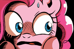 Size: 559x373 | Tagged: safe, artist:brendahickey, edit, idw, imported from derpibooru, pinkie pie, earth pony, pony, spoiler:comic, spoiler:comicff12, comic, cropped, female, mare, reaction image, scared, solo, sweat