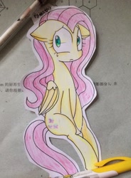 Size: 1888x2560 | Tagged: safe, artist:meczycuta, imported from derpibooru, fluttershy, chinese, craft, cutout, female, floppy ears, folded wings, looking at you, math, paper child, papercraft, photo, sitting, solo, traditional art, unhappy