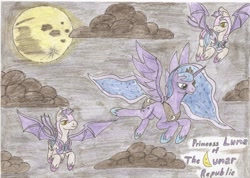 Size: 2336x1664 | Tagged: safe, artist:stardustchild01, imported from derpibooru, echo (bat pony), echo (g4), nocturn, princess luna, bat pony, pony, cloud, echo and nocturn, flying, moon, new lunar republic, night, night guard, traditional art