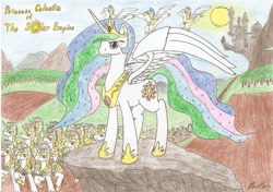 Size: 2336x1648 | Tagged: safe, artist:stardustchild01, imported from derpibooru, princess celestia, canterlot, royal guard, solar empire, traditional art