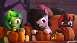 Size: 1920x1080 | Tagged: safe, artist:bwaebutt, imported from derpibooru, oc, oc only, oc:aggie, oc:krylone, oc:pisty, 3d, food, halloween, holiday, jack-o-lantern, kryggie, pizza, pumpkin, pumpkin carving, source filmmaker