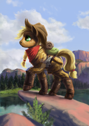 Size: 1600x2260 | Tagged: safe, artist:missingmonsters, imported from derpibooru, applejack, axe, bandana, boots, clothes, female, forest, lake, mountain, rock, scenery, solo, watermark, weapon