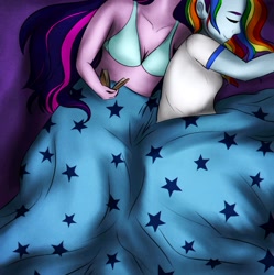 Size: 1536x1545 | Tagged: safe, artist:mylittlelevi64, imported from derpibooru, rainbow dash, twilight sparkle, equestria girls, blanket, blue underwear, book, bra, breasts, cleavage, clothes, cuddling, female, humanized, lesbian, shipping, snuggling, t-shirt, twidash, underwear