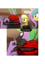 Size: 3541x5016 | Tagged: safe, artist:gashiboka, imported from derpibooru, applejack, spike, oc, oc:gold lily, pony, comic:recall the time of no return, angry, comic, older, older spike