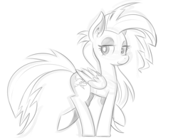 Size: 1164x901 | Tagged: dead source, safe, artist:reiduran, imported from derpibooru, thunderstruck, pegasus, pony, top bolt, ear fluff, eyeshadow, female, grayscale, looking back, makeup, mare, monochrome, simple background, sketch, solo, white background