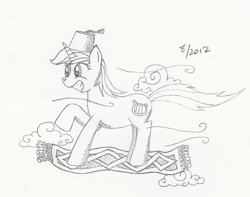 Size: 1507x1188 | Tagged: safe, artist:arctic-lux, imported from derpibooru, lyra heartstrings, female, fez, flying carpet, grayscale, hat, monochrome, solo, traditional art