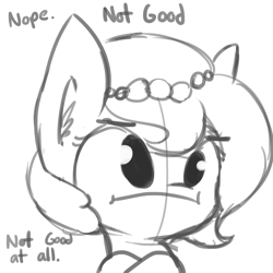 Size: 1280x1280 | Tagged: safe, artist:tjpones, imported from derpibooru, oc, oc only, oc:brownie bun, earth pony, pony, :i, bust, dialogue, ear fluff, frown, grayscale, monochrome, nope, portrait, simple background, solo, white background