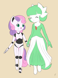 Size: 900x1200 | Tagged: safe, artist:jdan-s, imported from derpibooru, coco pommel, sweetie belle, anthro, gardevoir, robot, friendship is witchcraft, clothes, cocobetes, cosplay, costume, cute, diasweetes, nightmare night, pokémon, sweetie bot, wip