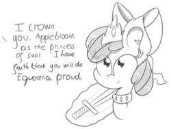 Size: 1275x963 | Tagged: safe, artist:pastelhorses, imported from derpibooru, apple bloom, oc, earth pony, pony, apple bloom's bow, bow, crown, crowning, ear fluff, female, filly, hair bow, happy, jewelry, levitation, magic, monochrome, necklace, offscreen character, princess, regalia, smiling, smol, solo, sword, telekinesis, text, weapon