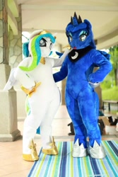 Size: 800x1200 | Tagged: safe, artist:hutouluosha, artist:rainbow scratch, artist:yukandasama, imported from derpibooru, princess celestia, princess luna, human, fursuit, irl, irl human, photo, rainbow scratch(coser), yukandasama(coser)