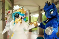 Size: 1200x800 | Tagged: safe, artist:hutouluosha, artist:rainbow scratch, artist:yukandasama, imported from derpibooru, princess celestia, princess luna, human, fursuit, irl, irl human, photo, rainbow scratch(coser), yukandasama(coser)
