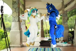 Size: 1200x800 | Tagged: safe, artist:hutouluosha, artist:rainbow scratch, artist:yukandasama, imported from derpibooru, princess celestia, princess luna, human, fursuit, irl, irl human, photo, rainbow scratch(coser), yukandasama(coser)
