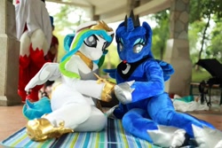 Size: 1200x800 | Tagged: safe, artist:hutouluosha, artist:rainbow scratch, artist:yukandasama, imported from derpibooru, princess celestia, princess luna, human, fursuit, irl, irl human, photo, rainbow scratch(coser), yukandasama(coser)