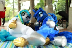 Size: 1200x800 | Tagged: safe, artist:hutouluosha, artist:rainbow scratch, artist:yukandasama, imported from derpibooru, princess celestia, princess luna, human, fursuit, irl, irl human, photo, rainbow scratch(coser), yukandasama(coser)