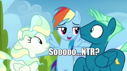 Size: 1280x720 | Tagged: safe, edit, edited screencap, imported from derpibooru, screencap, rainbow dash, sky stinger, vapor trail, pegasus, pony, top bolt, cuckolding, female, image macro, male, mare, meme, shipper on deck, stallion, this will end in tears