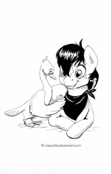 Size: 794x1250 | Tagged: safe, artist:stasushka, imported from derpibooru, oc, oc only, swan, monochrome, prone