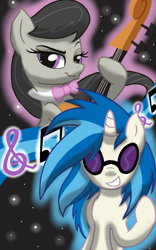 Size: 1200x1920 | Tagged: safe, artist:theroyalprincesses, imported from derpibooru, dj pon-3, octavia melody, vinyl scratch, bowtie, cello, duo, looking at you, musical instrument, raised hoof, smiling, sunglasses