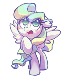 Size: 714x846 | Tagged: safe, artist:dawnfire, imported from derpibooru, vapor trail, pegasus, pony, top bolt, blush sticker, blushing, colored pupils, cute, female, long mane, looking up, mare, open mouth, raised hoof, simple background, solo, spread wings, transparent background