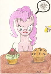 Size: 1616x2320 | Tagged: safe, artist:stardustchild01, imported from derpibooru, derpy hooves, pinkie pie, pegasus, pony, choice, cupcake, drool, female, food, mare, muffin, traditional art