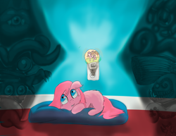 Size: 1398x1080 | Tagged: safe, artist:fluffsplosion, imported from derpibooru, fluffy pony, afraid of the dark, cushion, floppy ears, looking up, monster, nightlight, prone, scared